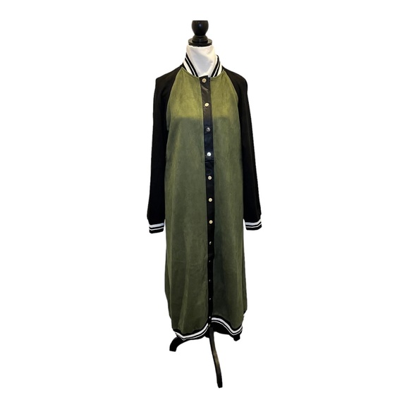 SoNo Chic Varsity Faux Suede Green Maxi Front Snap Jacket - Picture 3 of 14